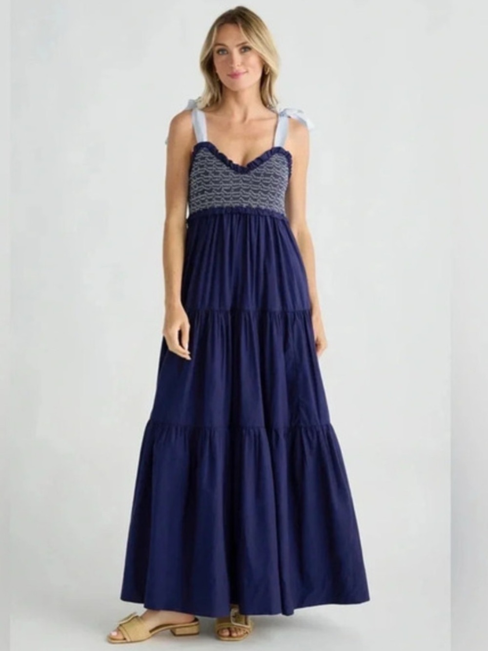 Free People Navy Smocked Maxi Dress with Light Blue Shoulder Ties size XS